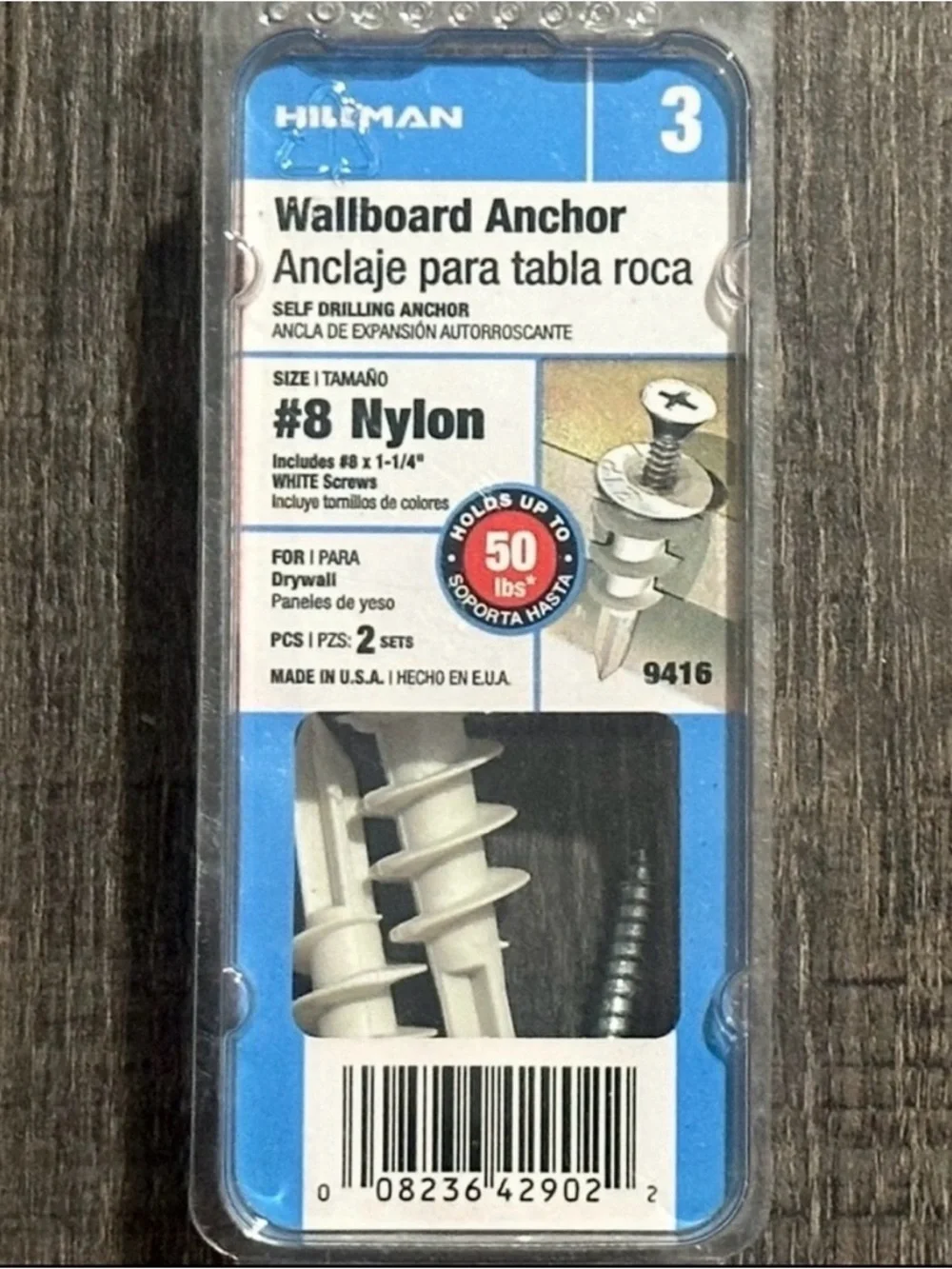 💞 New Hillman 2-Count Pack #8 Nylon Wallboard Anchors